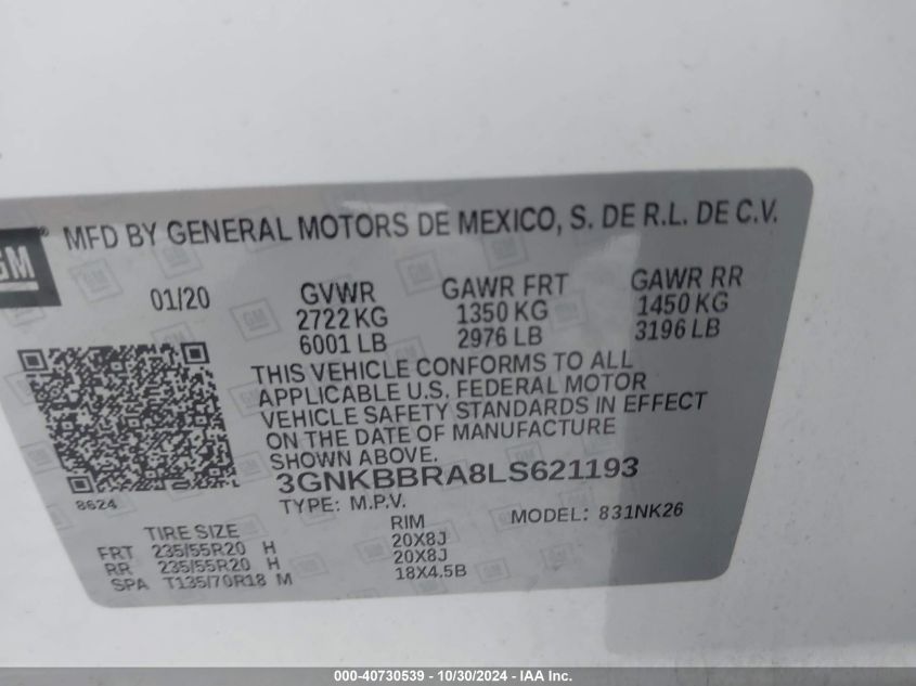 2020 CHEVROLET BLAZER FWD 1LT - 3GNKBBRA8LS621193