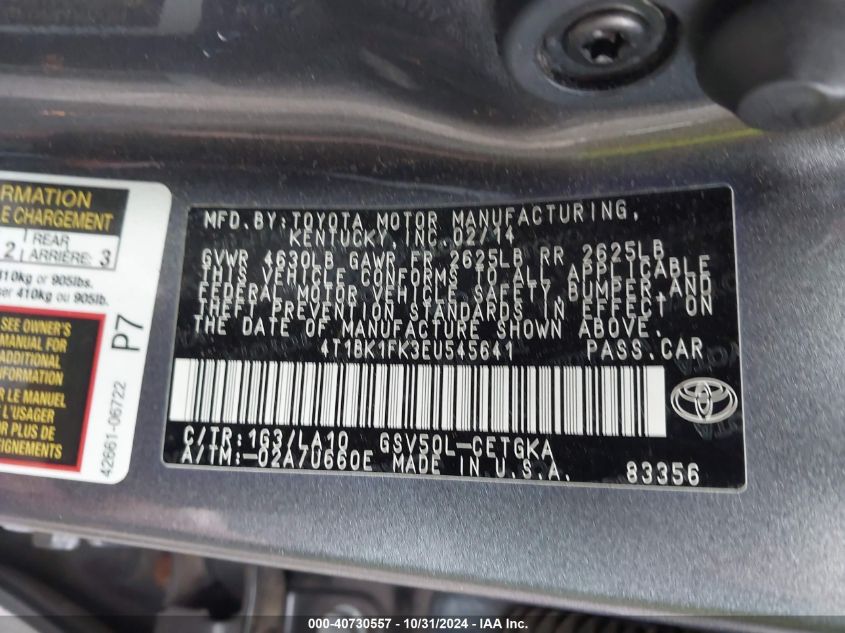 2014 Toyota Camry Xle V6 VIN: 4T1BK1FK3EU545641 Lot: 40730557