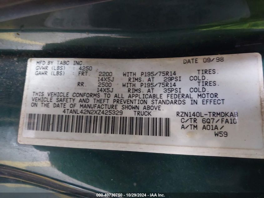 1999 Toyota Tacoma VIN: 4TANL42N2XZ425329 Lot: 40730750