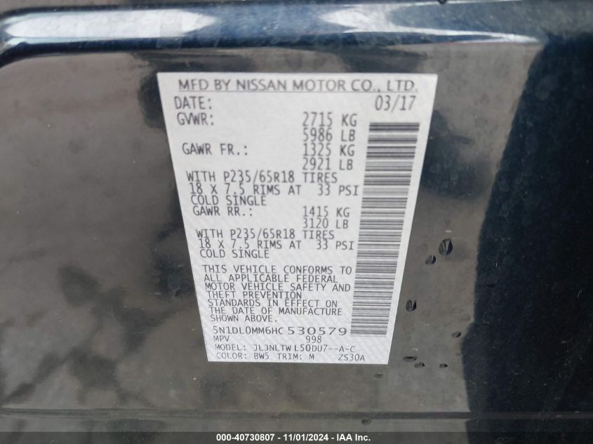 VIN 5N1DL0MM6HC530579 2017 INFINITI QX60