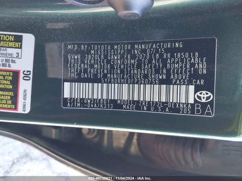 2015 Toyota Corolla L/Le/Le Pls/Prm/S/S Pls VIN: 5YFBURHE0FP360756 Lot: 40730821