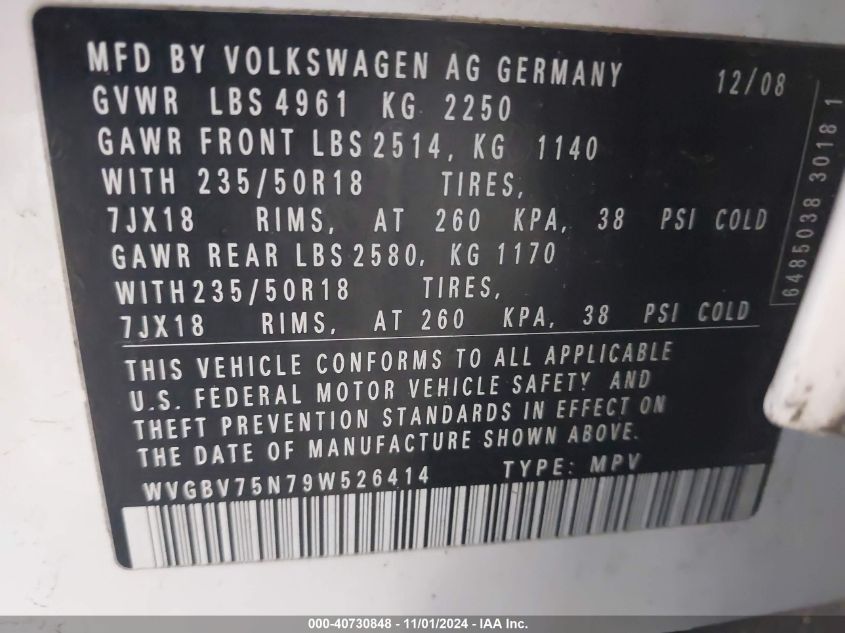 2009 Volkswagen Tiguan Se VIN: WVGBV75N79W526414 Lot: 40730848