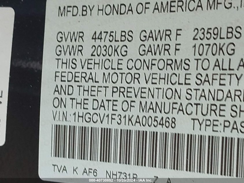 2019 Honda Accord Sport VIN: 1HGCV1F31KA005468 Lot: 40730852