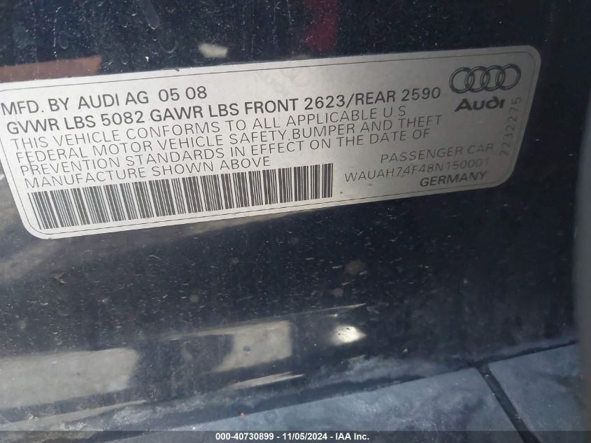 2008 Audi A6 3.2 VIN: WAUAH74F48N150001 Lot: 40730899