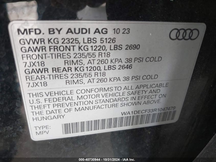 2024 Audi Q3 Premium 45 Tfsi S Line Quattro Tiptronic VIN: WA1DECF33R1047479 Lot: 40730944