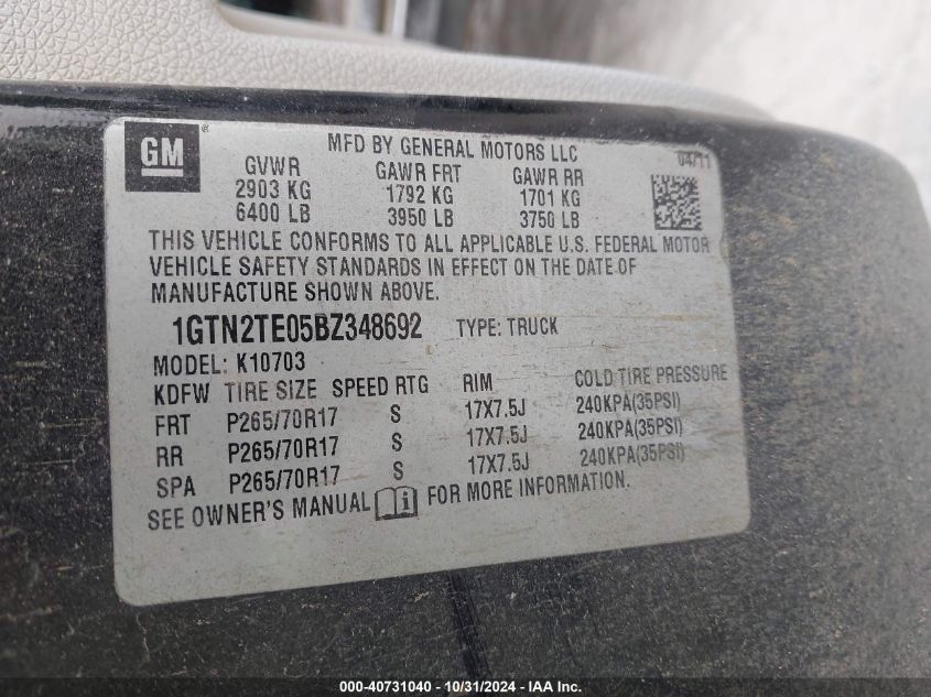 2011 GMC SIERRA 1500 VIN: 1GTN2TE05BZ348692