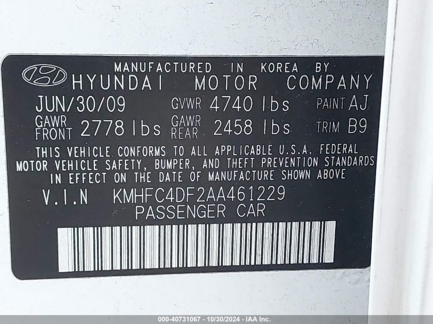 2010 Hyundai Azera Limited VIN: KMHFC4DF2AA461229 Lot: 40731067