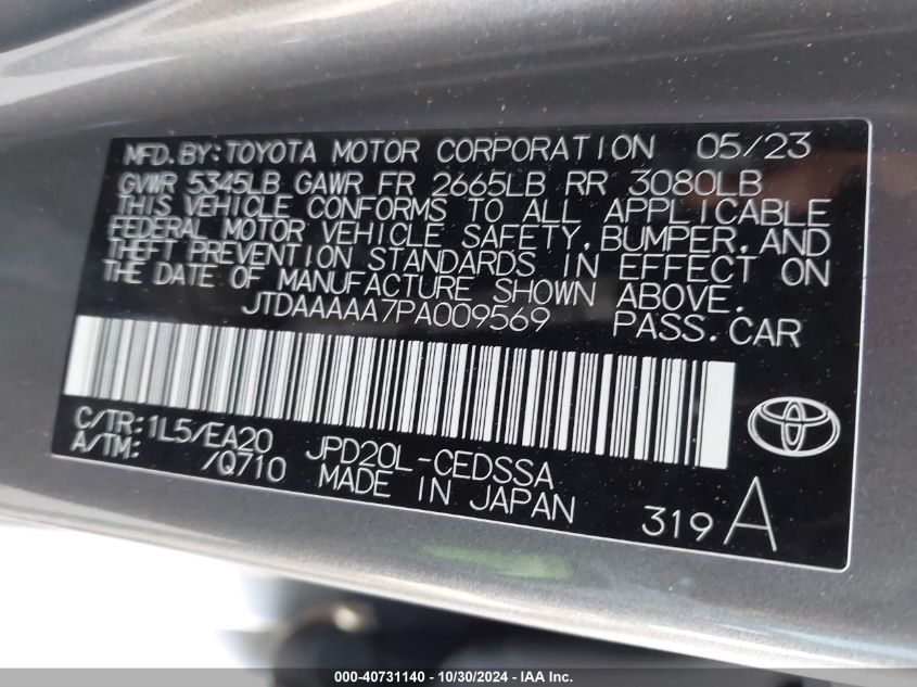 2023 Toyota Mirai Xle VIN: JTDAAAAA7PA009569 Lot: 40731140