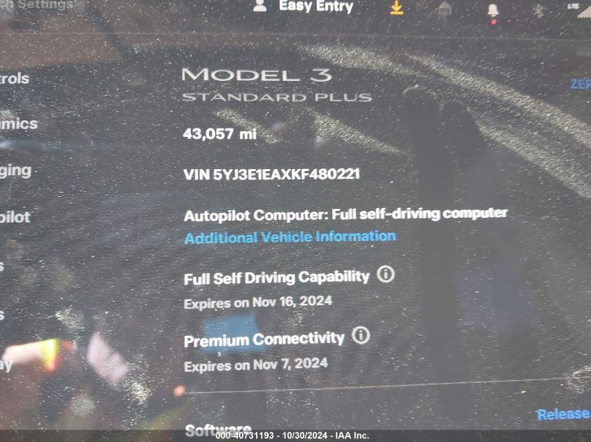 2019 Tesla Model 3 Long Range/Mid Range/Standard Range/Standard Range Plus VIN: 5YJ3E1EAXKF480221 Lot: 40731193