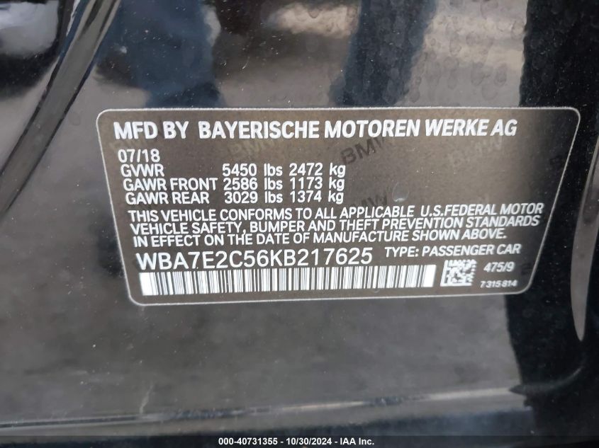 2019 BMW 740I VIN: WBA7E2C56KB217625 Lot: 40731355