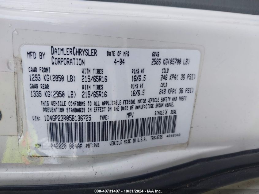 2005 Dodge Grand Caravan Cv VIN: 1D4GP23R05B136725 Lot: 40731407