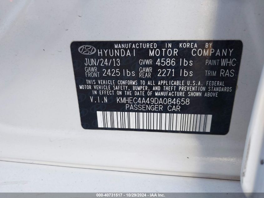 2013 Hyundai Sonata Hybrid Limited VIN: KMHEC4A49DA084658 Lot: 40731517