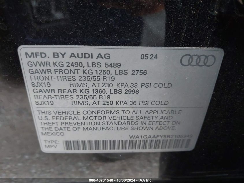 2024 Audi Q5 Premium 45 Tfsi S Line Quattro VIN: WA1GAAFY5R2105949 Lot: 40731540