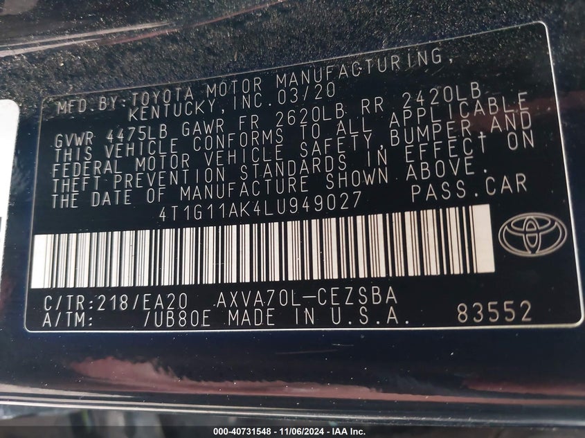 2020 TOYOTA CAMRY SE - 4T1G11AK4LU949027