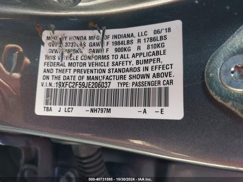 VIN 19XFC2F59JE206037 2018 HONDA CIVIC LX