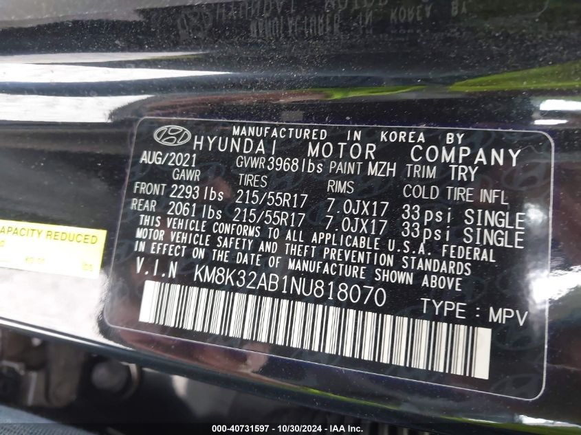 2022 Hyundai Kona Sel VIN: KM8K32AB1NU818070 Lot: 40731597