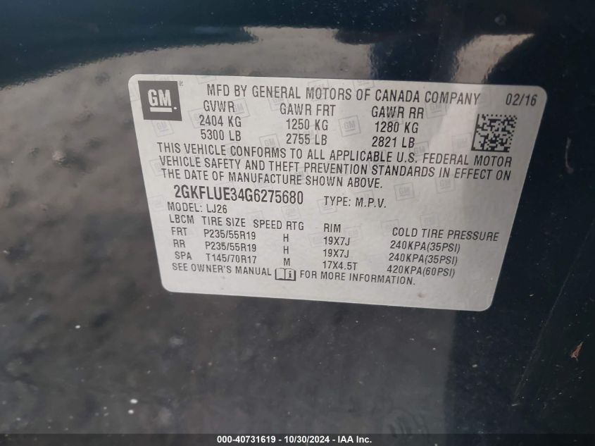 2016 GMC Terrain Slt VIN: 2GKFLUE34G6275680 Lot: 40731619