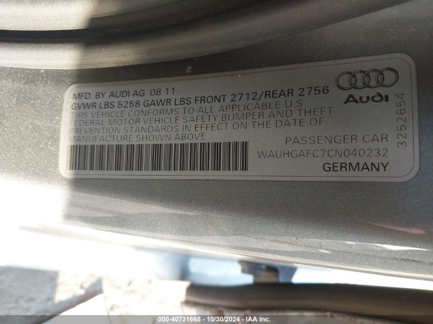 2012 Audi A6 Prestige VIN: WAUHGAFC7CN040232 Lot: 40731665