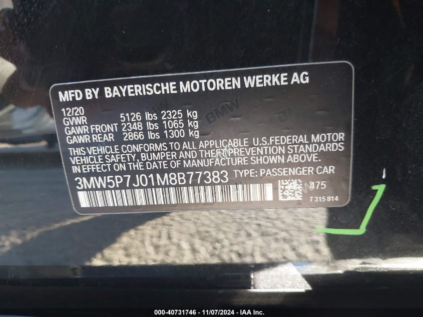 2021 BMW 3 Series 330E VIN: 3MW5P7J01M8B77383 Lot: 40731746