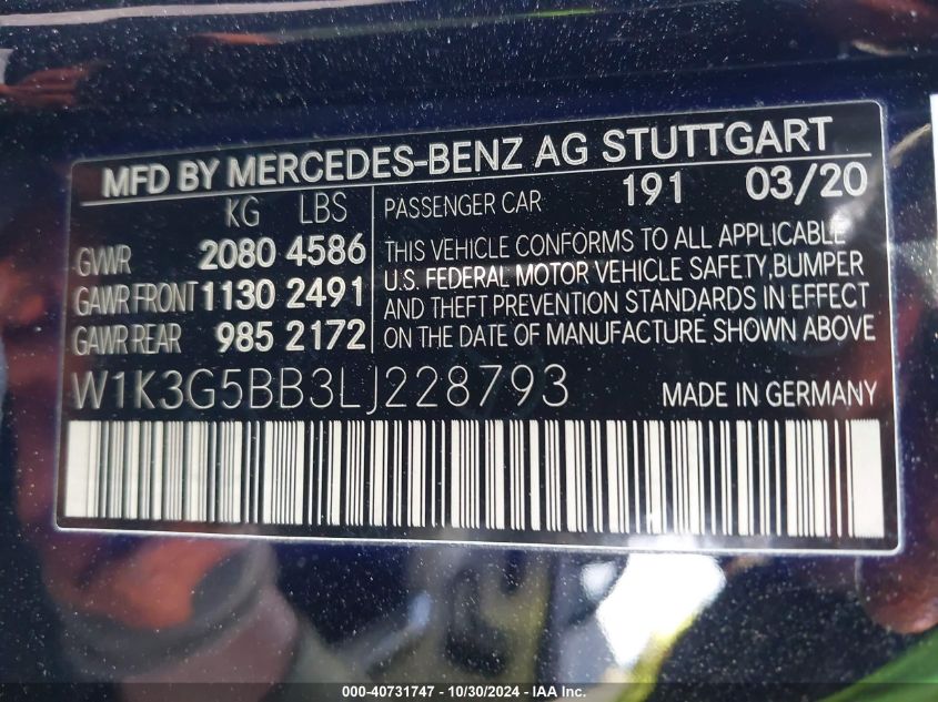 2020 Mercedes-Benz Amg A 35 4Matic VIN: W1K3G5BB3LJ228793 Lot: 40731747