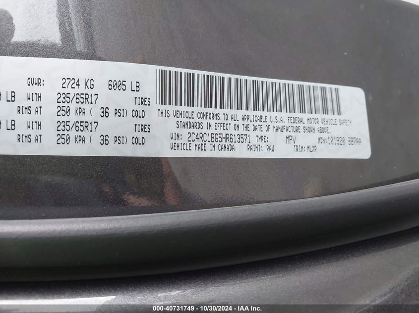 VIN 2C4RC1BG5HR613571 2017 CHRYSLER PACIFICA TOURING-L