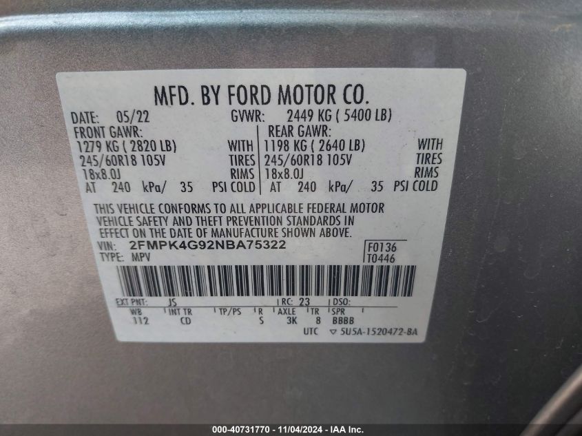 2022 Ford Edge Se VIN: 2FMPK4G92NBA75322 Lot: 40731770