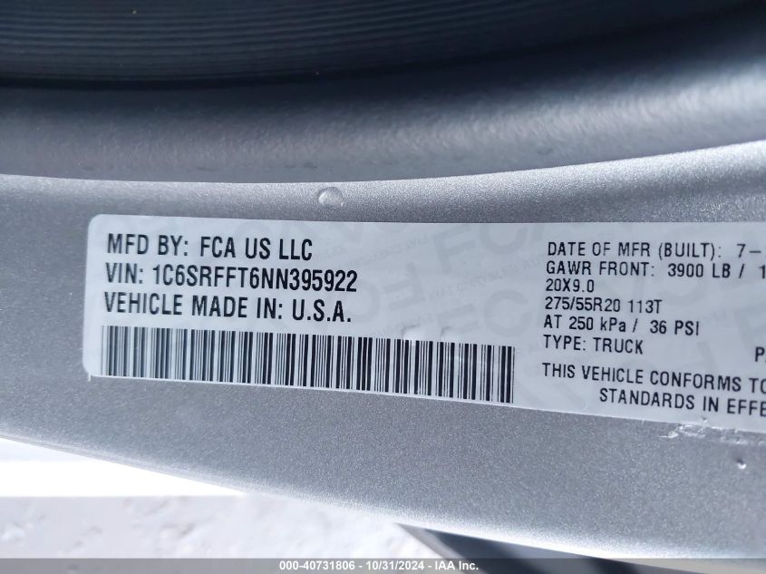 2022 RAM 1500 LONE STAR  4X4 5'7 BOX - 1C6SRFFT6NN395922