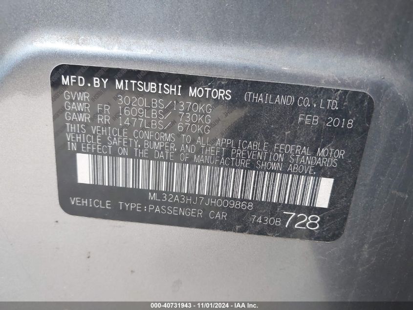 2018 Mitsubishi Mirage Es VIN: ML32A3HJ7JH009868 Lot: 40731943