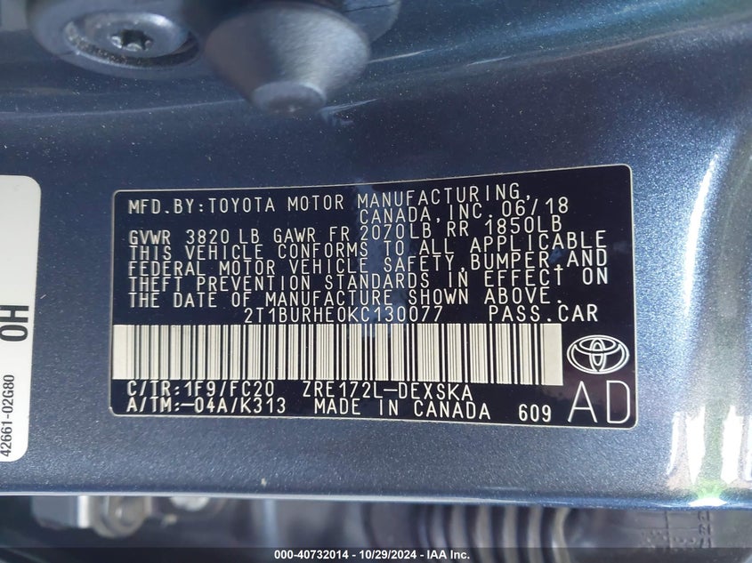 VIN 2T1BURHE0KC130077 2019 TOYOTA COROLLA SE