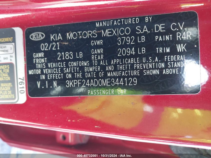 2021 Kia Forte Lxs VIN: 3KPF24AD0ME344129 Lot: 40732051