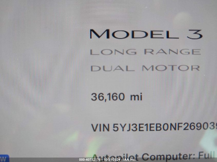 2022 Tesla Model 3 Long Range Dual Motor All-Wheel Drive VIN: 5YJ3E1EB0NF269039 Lot: 40732176