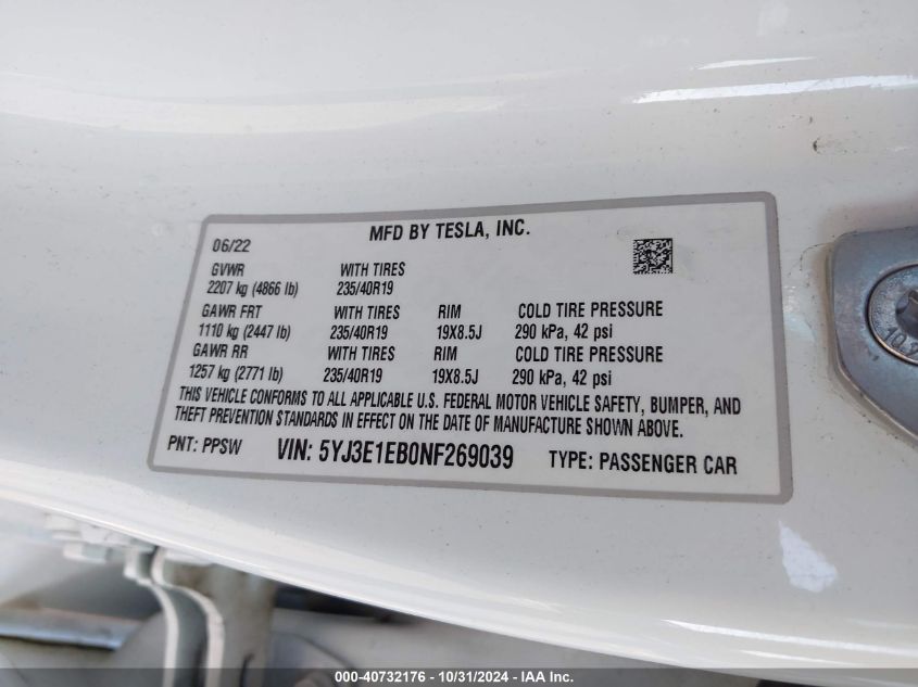 2022 Tesla Model 3 Long Range Dual Motor All-Wheel Drive VIN: 5YJ3E1EB0NF269039 Lot: 40732176