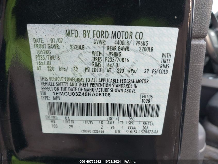 2008 Ford Escape Xlt VIN: 1FMCU03Z48KA08108 Lot: 40732262