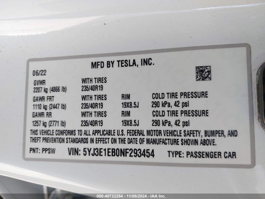 2022 Tesla Model 3 Long Range Dual Motor All-Wheel Drive VIN: 5YJ3E1EB0NF293454 Lot: 40732284