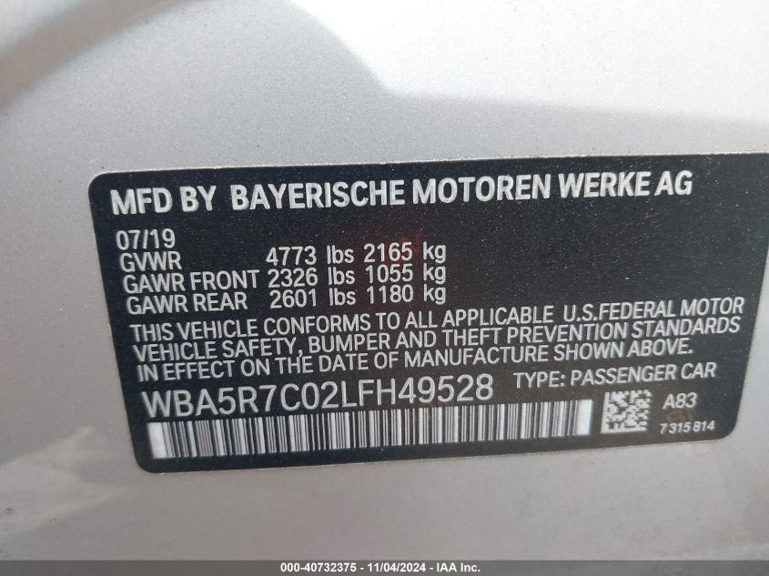 2020 BMW 330I xDrive VIN: WBA5R7C02LFH49528 Lot: 40732375