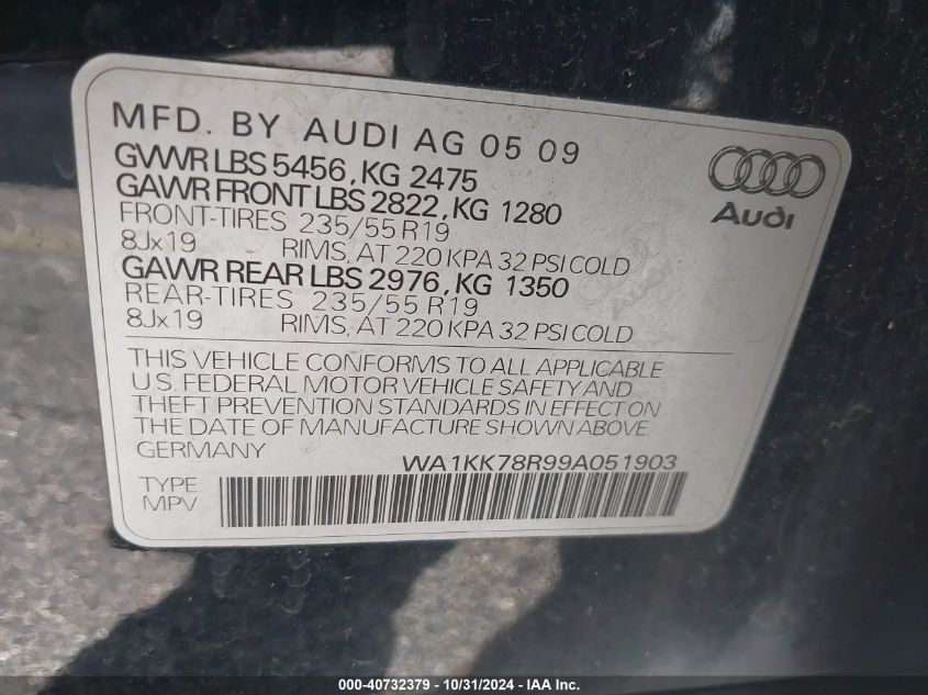 2009 Audi Q5 3.2 Premium VIN: WA1KK78R99A051903 Lot: 40732379