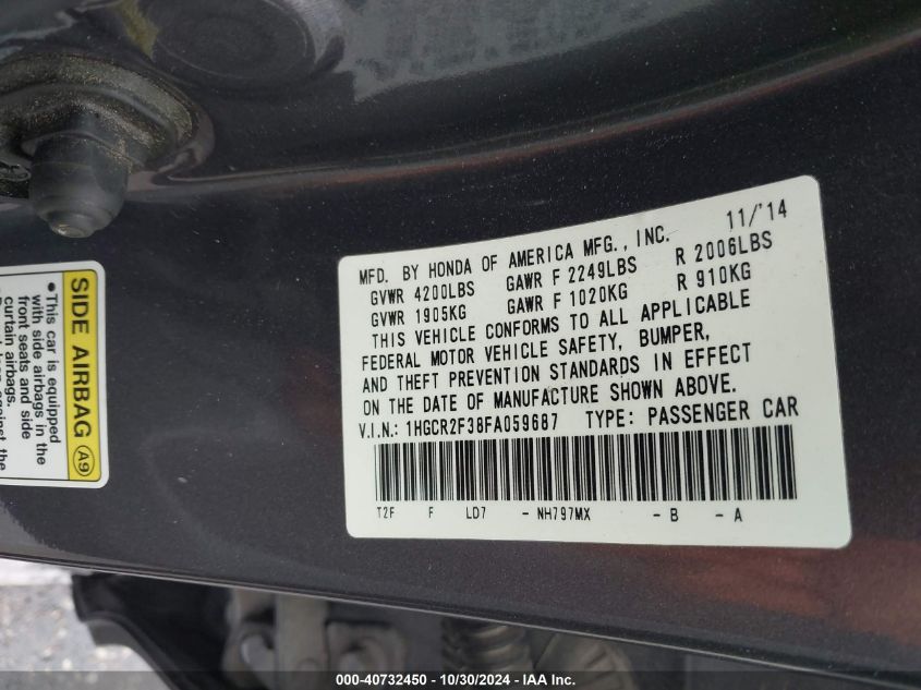 VIN 1HGCR2F38FA059687 2015 HONDA ACCORD no.9