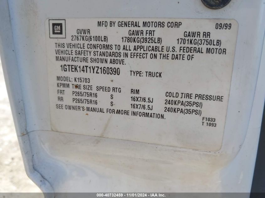 2000 GMC Sierra 1500 Sle VIN: 1GTEK14T1YZ160390 Lot: 40732459