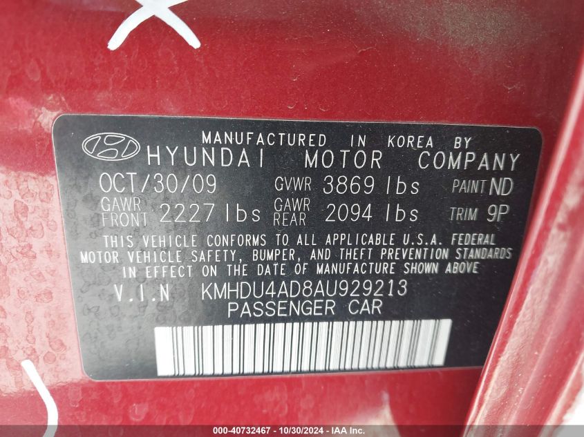 2010 HYUNDAI ELANTRA VIN: KMHDU4AD8AU929213