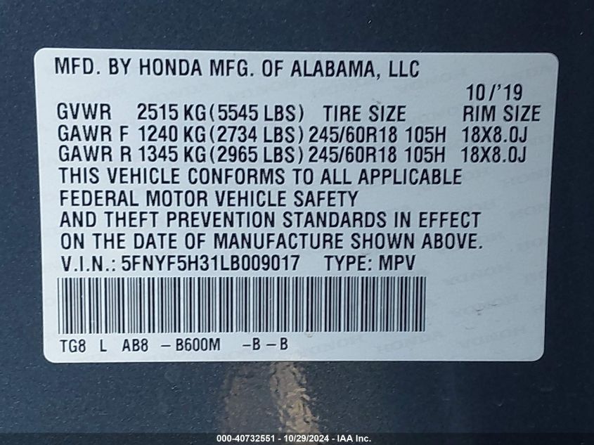 2020 Honda Pilot 2Wd Ex VIN: 5FNYF5H31LB009017 Lot: 40732551