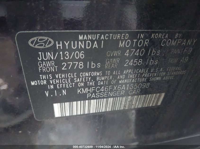 2006 Hyundai Azera Limited/Se VIN: KMHFC46FX6A135098 Lot: 40732689