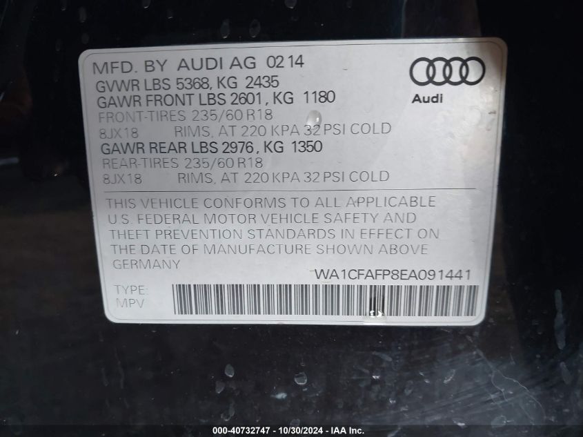 2014 Audi Q5 2.0T Premium VIN: WA1CFAFP8EA091441 Lot: 40732747