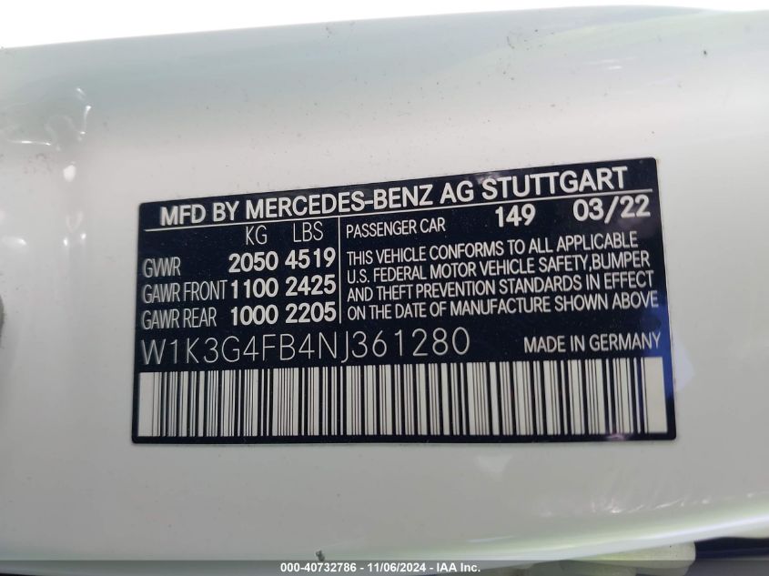 2022 Mercedes-Benz A 220 4Matic VIN: W1K3G4FB4NJ361280 Lot: 40732786