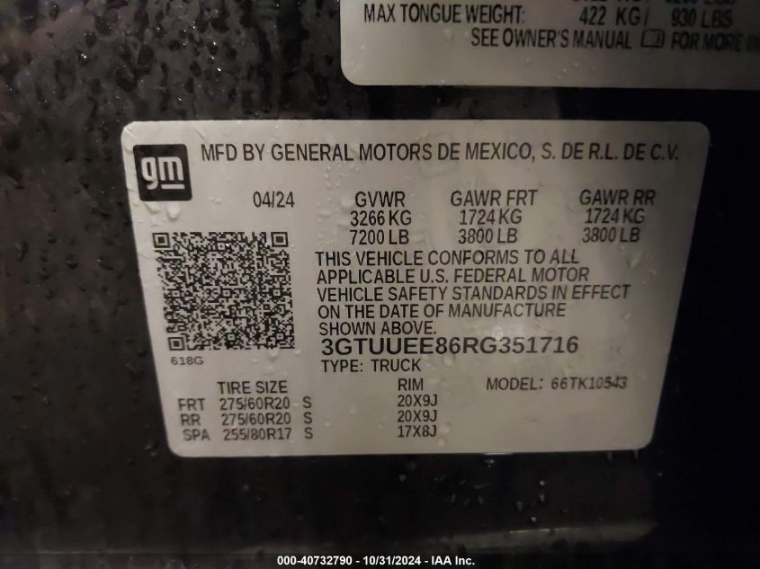 2024 GMC Sierra 1500 4Wd Short Box At4 VIN: 3GTUUEE86RG351716 Lot: 40732790