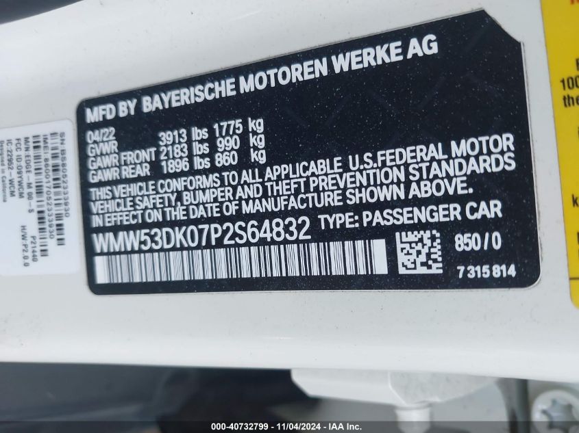 2023 Mini Hardtop Cooper S VIN: WMW53DK07P2S64832 Lot: 40732799