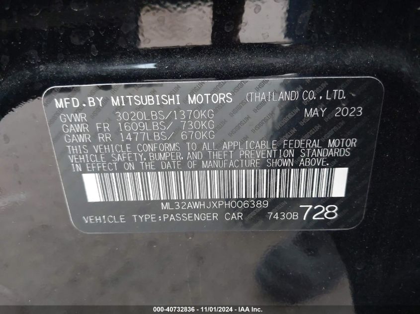 2023 Mitsubishi Mirage Black Edition VIN: ML32AWHJXPH006389 Lot: 40732836