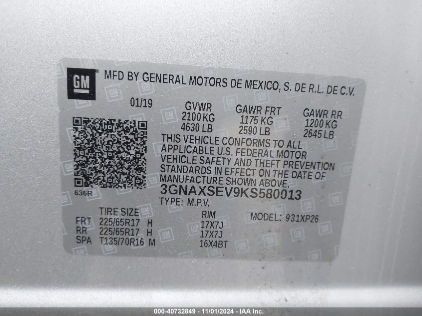 2019 CHEVROLET EQUINOX LS - 3GNAXSEV9KS580013