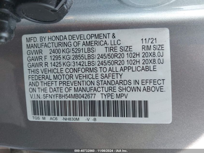 2021 Honda Passport Awd Ex-L VIN: 5FNYF8H54MB042677 Lot: 40732860