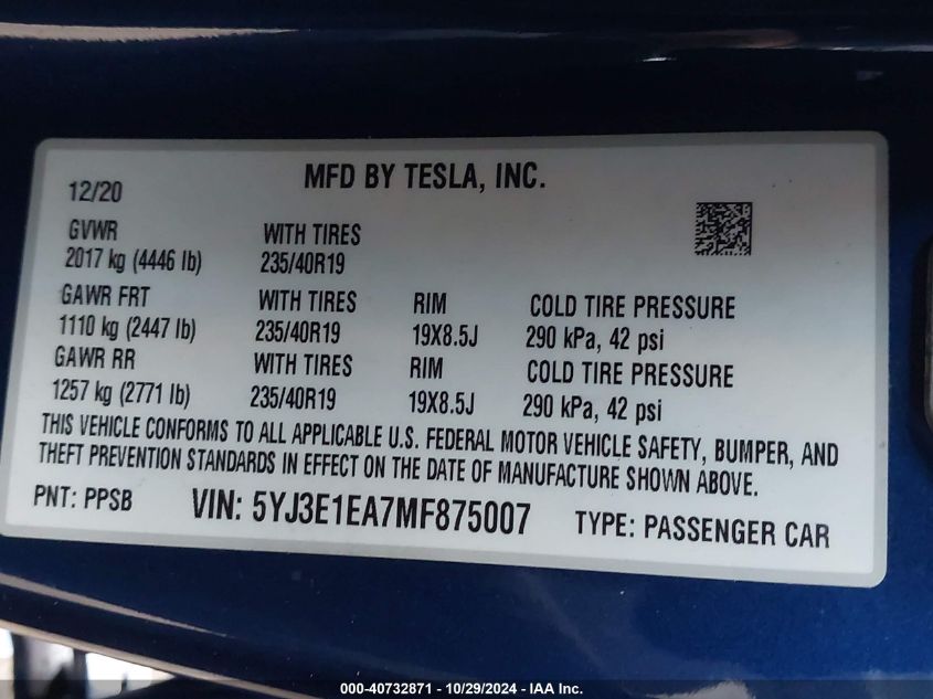 2021 Tesla Model 3 Standard Range Plus Rear-Wheel Drive VIN: 5YJ3E1EA7MF875007 Lot: 40732871