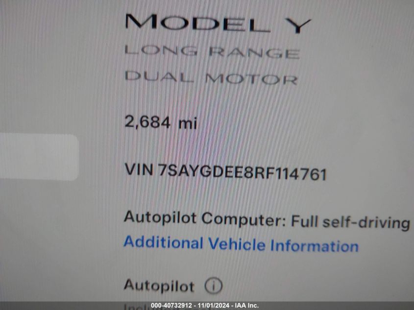 2024 Tesla Model Y Long Range Dual Motor All-Wheel Drive VIN: 7SAYGDEE8RF114761 Lot: 40732912